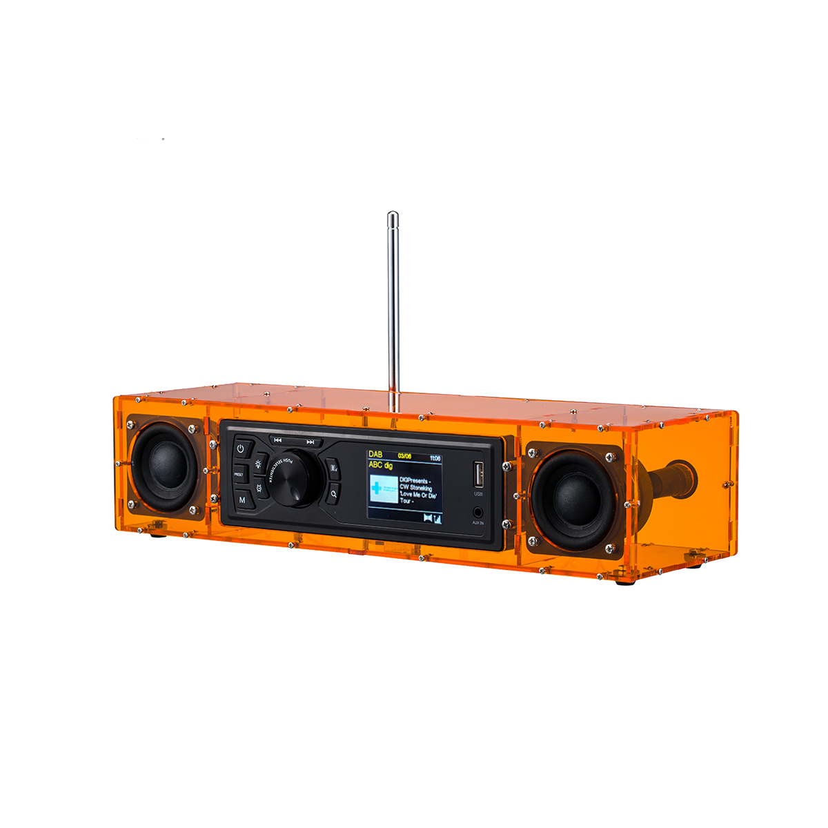 AOVOTO ALK103 FM/DAB Radio Do It Yourself (DIY) Kits mit Acrylgehäuse, DIY DAB+/FM Sets mit Weckmodus & LCD-Display & Stereo-Soundbox (Orange)
