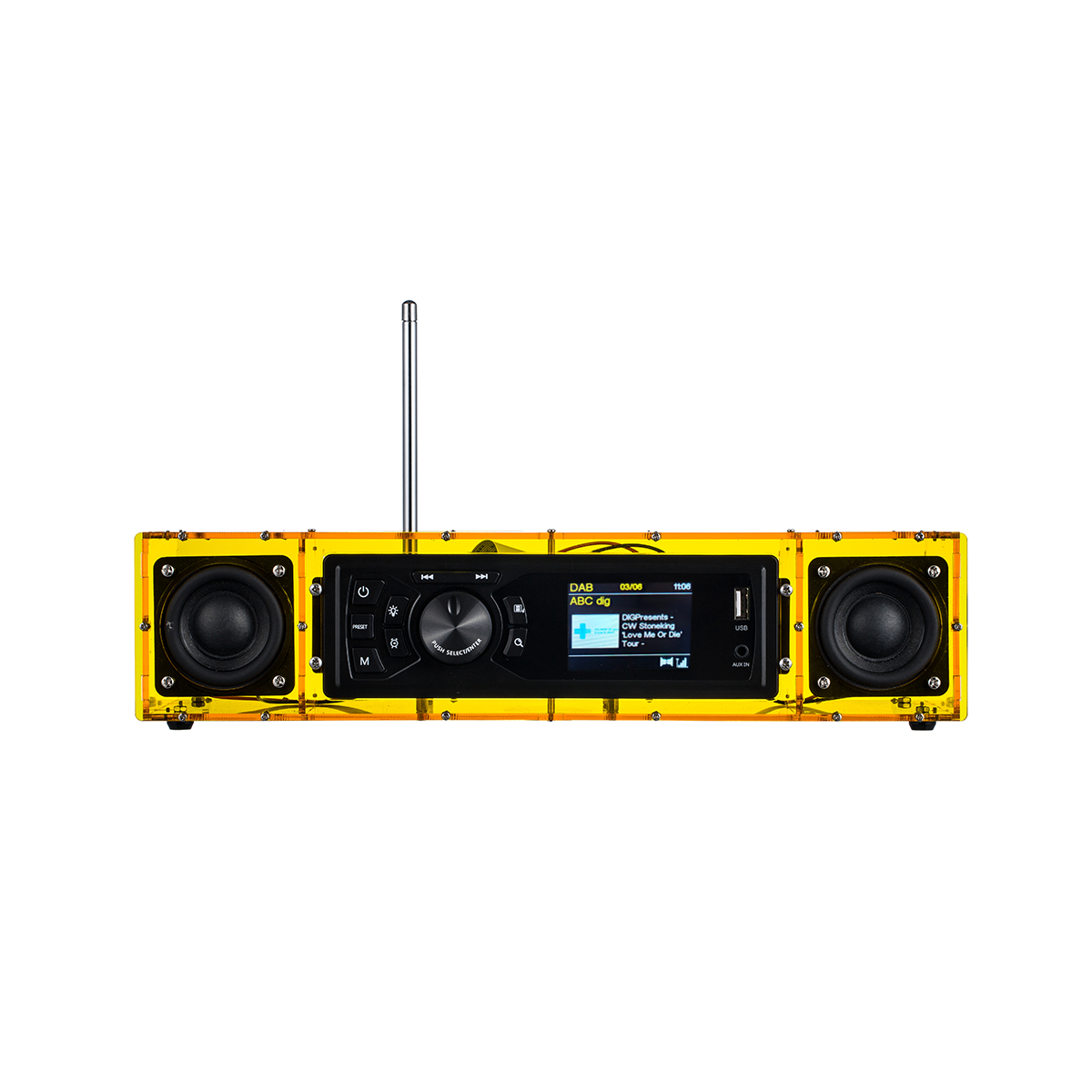 AOVOTO ALK103 FM/DAB Radio Do It Yourself (DIY) Kits mit Acrylgehäuse, DIY DAB+/FM Sets mit Weckmodus & LCD-Display & Stereo-Soundbox (gelb)