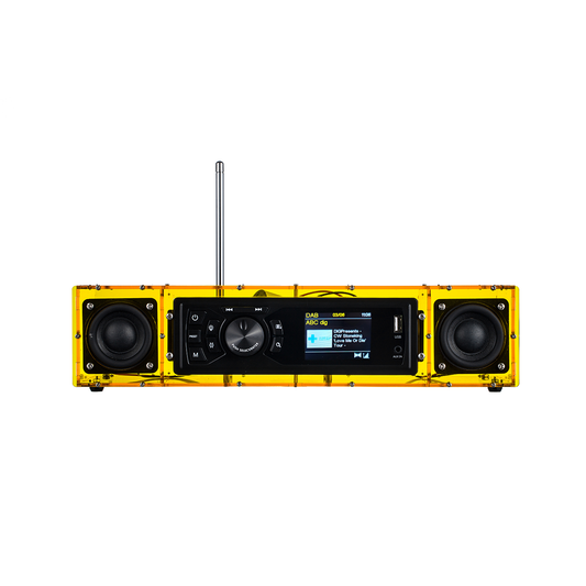 AOVOTO ALK103 FM/DAB radio Do It Yourself (DIY) kits with acrylic shell, DIY DAB+/FM Sets with alarm mode & LCD Display & stero sound box (yellow)