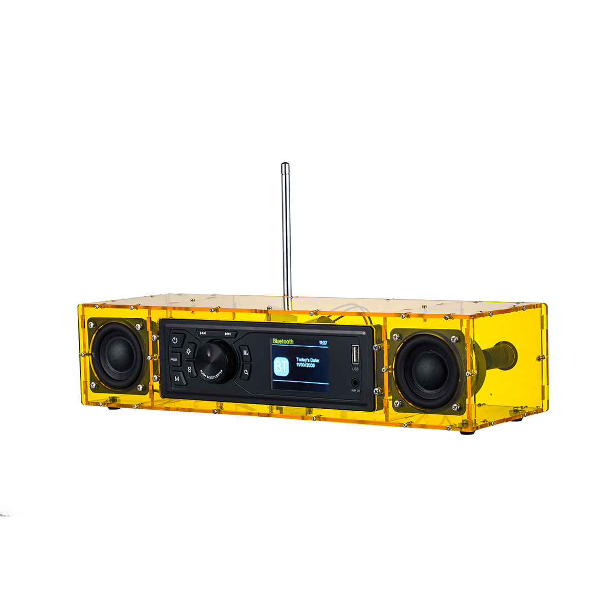 AOVOTO ALK103 FM/DAB Radio Do It Yourself (DIY) Kits mit Acrylgehäuse, DIY DAB+/FM Sets mit Weckmodus & LCD-Display & Stereo-Soundbox (gelb)