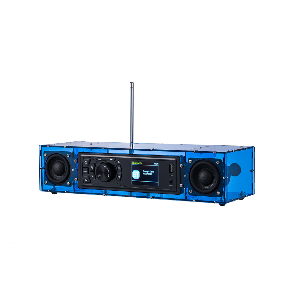 AOVOTO ALK103 FM/DAB radio Do It Yourself (DIY) kits with acrylic shell, DIY DAB+/FM Sets with alarm mode & LCD Display & stero sound box (blue)