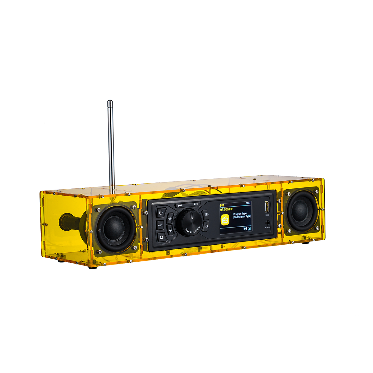 AOVOTO ALK103 FM/DAB radio Do It Yourself (DIY) kits with acrylic shell, DIY DAB+/FM Sets with alarm mode & LCD Display & stero sound box (yellow)